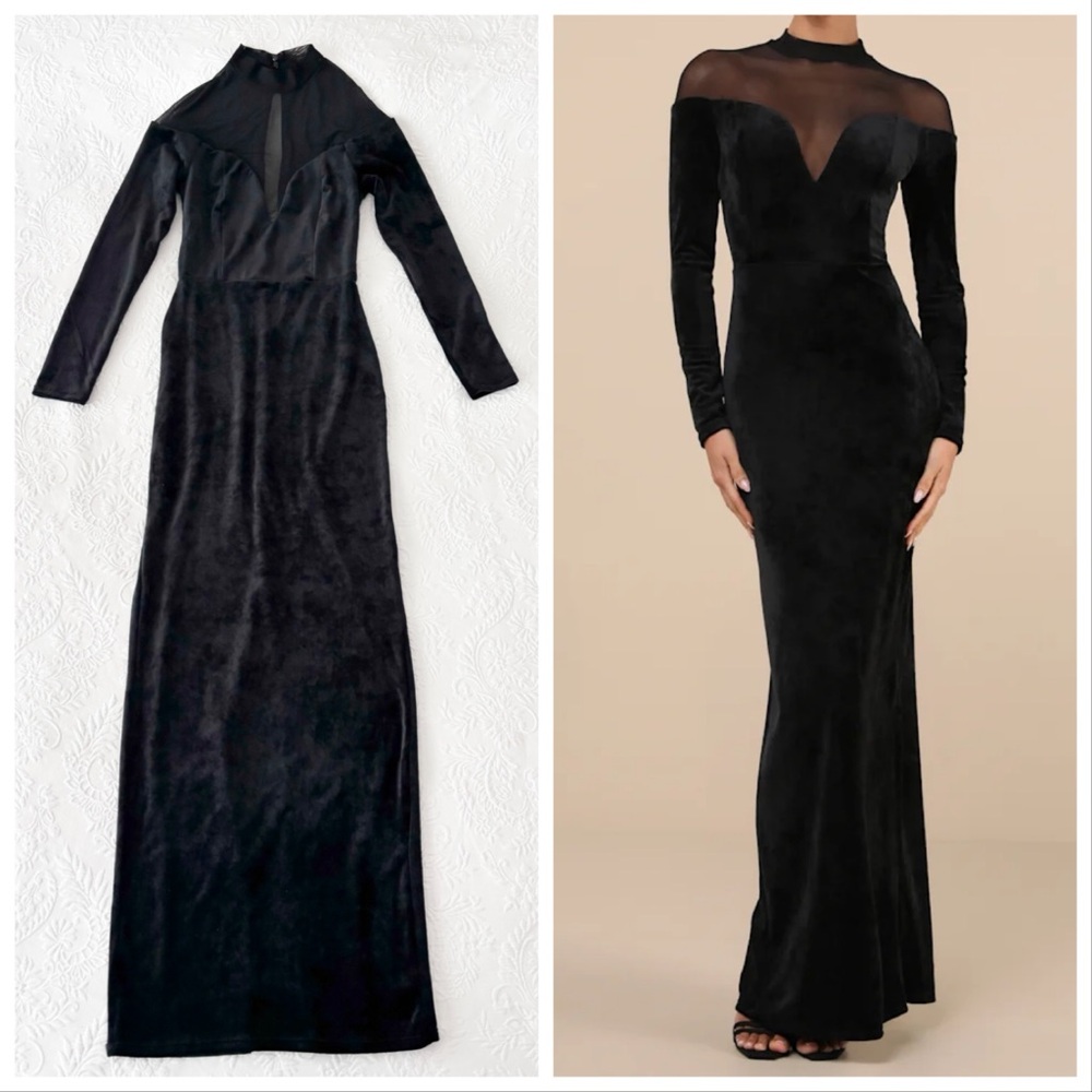 Lulu's Black Velvet Mesh-Inset Maxi Dress